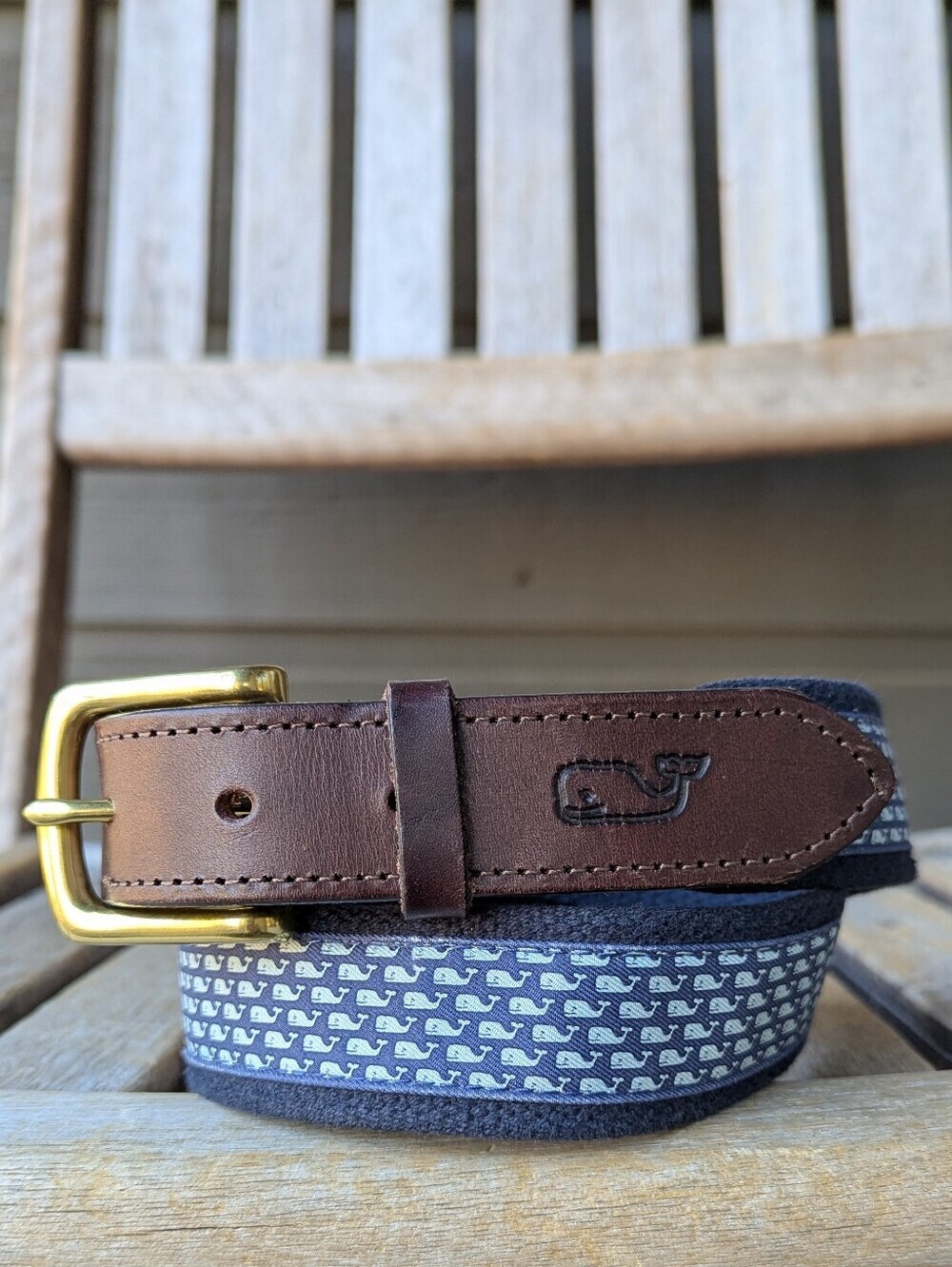 Vineyard Vines Vineyard Whale Canvas Club Belt Size 30 Brown Leather Blue Whale